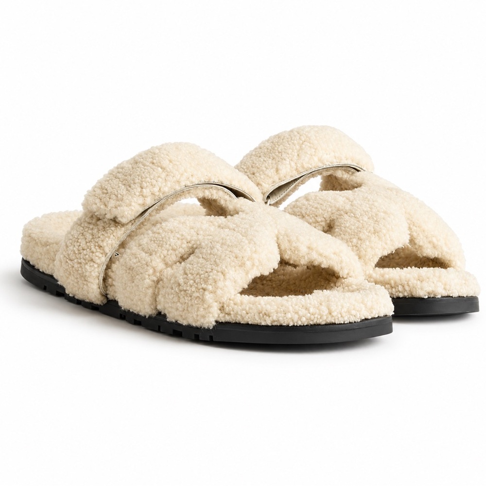 Hermes Sherpa Chypre Cozy Cream Shearling Slide Sandals